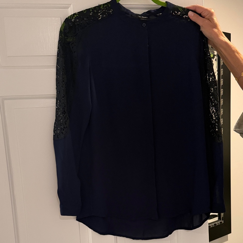 The Kooples Navy Blouse with Black Lace Sleeves